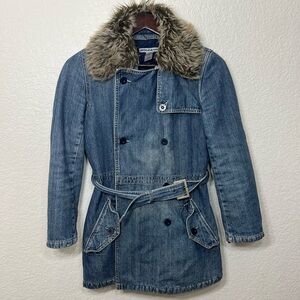 Y2K DKNY Denim Jean Jacket Faux Fur Collar Belted Trench Style Size 6